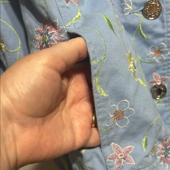 Blue and Pink Floral Embroidered Jean Jacket - Picture 10 of 11